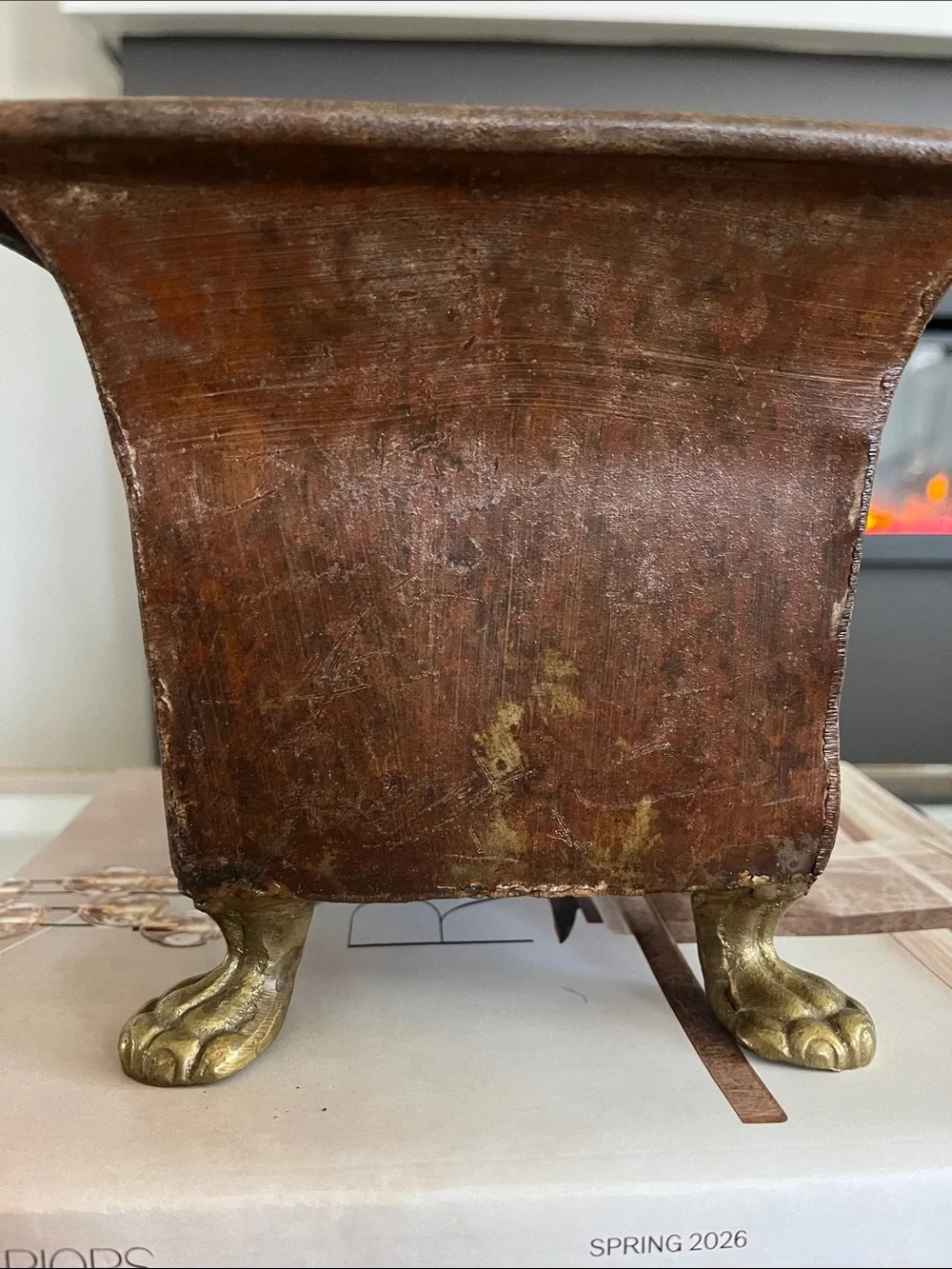 Rustic Brown Metal Planter with Brass Claw Feet